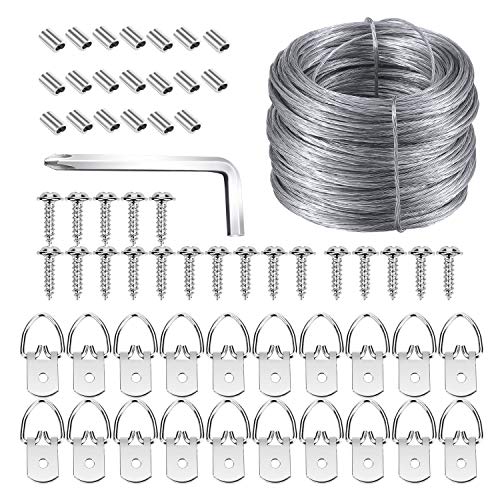 Picture Hanging Kit, Listenman D Ring Picture Hangers with Screws, Picture Hanging Wire(100 Feet) and Aluminum Sleeves, Supports up to 30 lb, Bonus Screwdriver Included