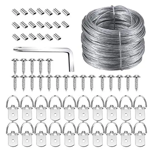 Picture Hanging Kit, Listenman D Ring Picture Hangers with Screws, Picture Hanging Wire(100 Feet) and Aluminum Sleeves, Supports up to 30 lb, Bonus Screwdriver Included Picture Hanging Kit, Listenman D Ring Picture Hangers with Screws, Picture Hanging Wire(100 Feet) and Aluminum Sleeves, Supports up to 30 lb, Bonus Screwdriver Included