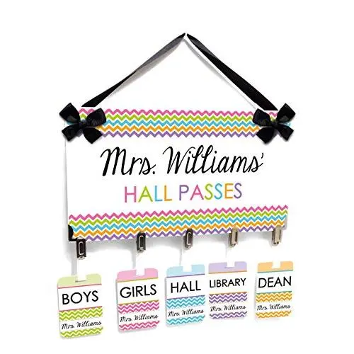 Customized Set School Office Passes with Hanger, Multi Colored Chevron Theme