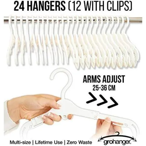 Grohanger 24 Extendable Baby Hangers, 12 with Clips. Baby Hanger to Adult Size. LIFETIME USE AND GUARANTEE.
