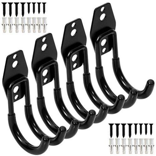 Wall Mount Double Hook,Heavy Duty Steel Garage Storage Utility Hooks with Anti-Slip Coating,Load Capacity 66 LB (4 Pack Black 2.8" Round J Hook)