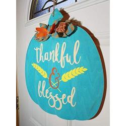 Thankful & Blessed Wood Pumpkin Sign Door Hanger