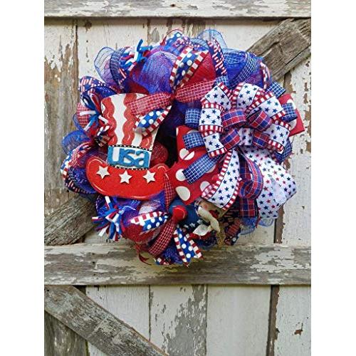 Patriotic Wreath USA Wreath Decor Welcome Door Hanger Farmhouse Decor Burlap Bowtique