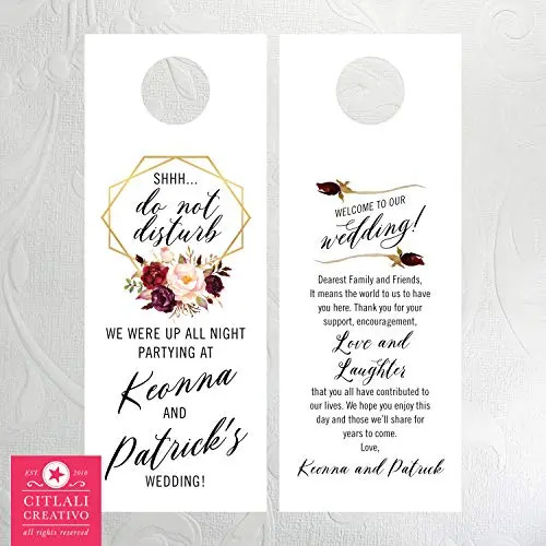 Floral Roses Geometric Gold Shhh Do Not Disturb Wedding Door Hangers (set of 10)