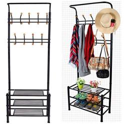 Eshion Multi-purpose Hat Coat Rack Entryway Storage Valet Clothes Hanger Shoe Shelf Organizer Metal, Black (US STOCK) (Black)