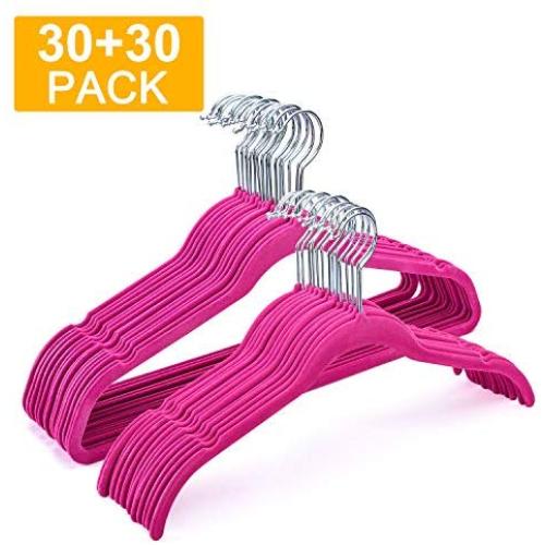 HOUSE DAY Velvet Hangers Non Slip Velvet Suit/Dress Hangers 60 Pack Velvet Shirt Hangers 16.5 &17.5 Inch Space Saving Velvet Clothes Hanger Premium Non Slip Hanger for Coats Suit Dress,Hot Pink