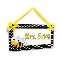 Personalized Door Hanger for Classroom Black and White Dotted Bee Theme