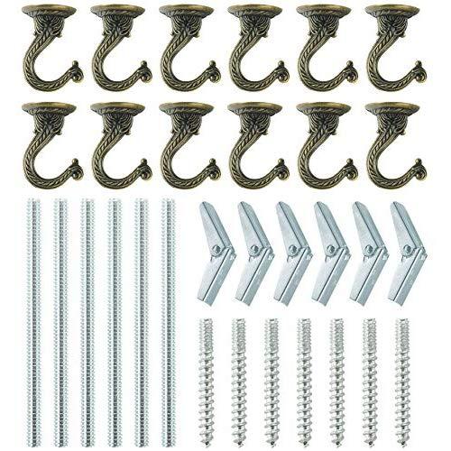 Pack of 12 Complete Sets ? Heavy Duty Metal Ceiling Hooks, Wide Opening Swag Hooks, Plant Hanging Hooks with Hardware, Antique Brass Enamel Finish Pack of 12 Complete Sets ? Heavy Duty Metal Ceiling Hooks, Wide Opening Swag Hooks, Plant Hanging Hooks with Hardware, Antique Brass Enamel Finish