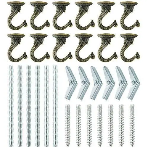 Pack of 12 Complete Sets ? Heavy Duty Metal Ceiling Hooks, Wide Opening Swag Hooks, Plant Hanging Hooks with Hardware, Antique Brass Enamel Finish Pack of 12 Complete Sets ? Heavy Duty Metal Ceiling Hooks, Wide Opening Swag Hooks, Plant Hanging Hooks with Hardware, Antique Brass Enamel Finish