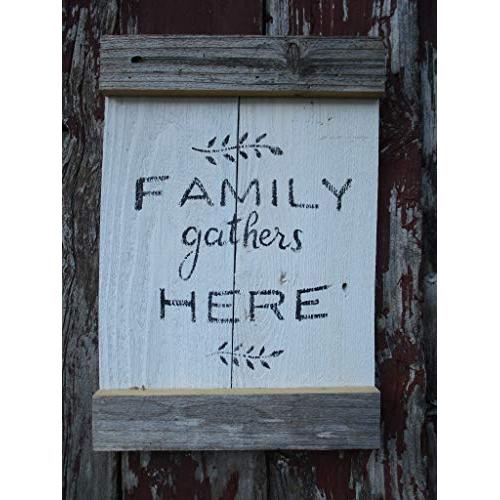 Vintage look FAMILY GATHERS HERE wheatstalks new calligraphy weathered wood sign with burlap hanger antique style old time font Vintage look FAMILY GATHERS HERE wheatstalks new calligraphy weathered wood sign with burlap hanger antique style old time font