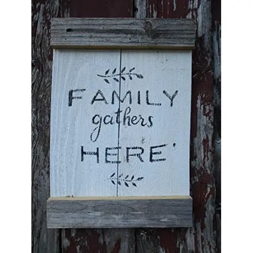 Vintage look FAMILY GATHERS HERE wheatstalks new calligraphy weathered wood sign with burlap hanger antique style old time font