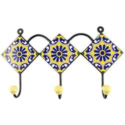 Indianshelf Handmade 1 Artistic Vintage Blue Ceramic Wheel Flower Key Hooks Tile Hanger/Wall Hooks Decorative