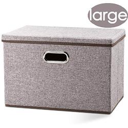 Prandom Large Foldable Storage Bin with Lid [1-Pack] Linen Fabric Decorative Storage Boxes Organizer Containers Basket Cube with Handles Divider for Bedroom Closet Office Living Room (17.7x11.8x11.8)