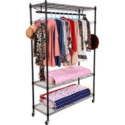 Homdox 3-Tiers Big Size Heavy Duty Wire Shelving Unit Garment Rack with Hanger Bar Wheels+2 Pair Side Hooks,Black