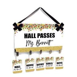 Personalizable Hall Passes Set with Hanger, Teacher Decorations for Classroom Confetti Looking Colored Dots