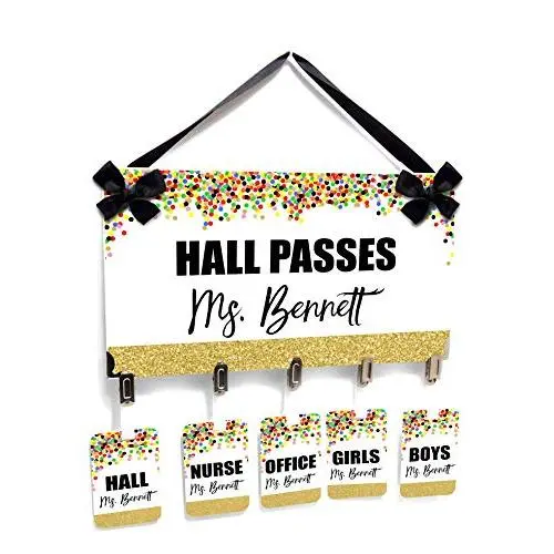Personalizable Hall Passes Set with Hanger, Teacher Decorations for Classroom Confetti Looking Colored Dots