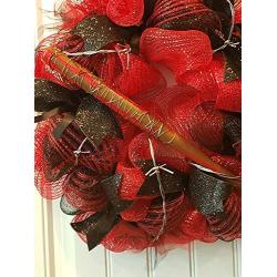 BARBED WIRE BASEBALL BAT RED AND BLACK DECO MESH WREATH -  WREATH HANGER INCLUDED