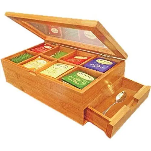 iBambooMart Tea Storage Boxes Organizer Chest - 100% Bamboo Tea Bag Holder | 8 Storage Compartments Organizer with Drawer | Great Gift Idea