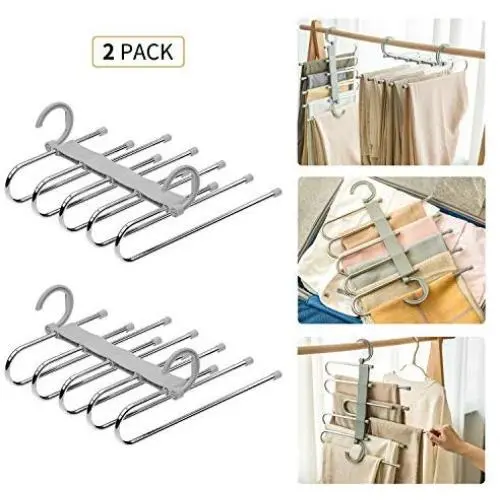 Vitalome Pants Hangers 5 Layers Stainless Steel Non-Slip Space Saving Clothes Closet Storage Organizer for Pants Jeans Trousers Skirts Scarf (Gray, 2 Pack)