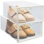 FIXSMITH Clear-Plastic-Shoe-Storage-Boxes-Foldable Shoe Containers 4 Pack,Stackable Shoe Cases w/White Frame,Back to School,Transparent Shoe Organizer Boxes for Closet,Shelf,Deck&More,Multi-Purpose.