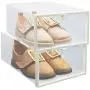 FIXSMITH Clear-Plastic-Shoe-Storage-Boxes-Foldable Shoe Containers 4 Pack,Stackable Shoe Cases w/White Frame,Back to School,Transparent Shoe Organizer Boxes for Closet,Shelf,Deck&More,Multi-Purpose.