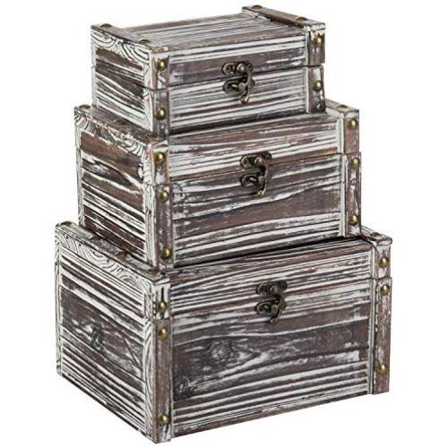 MyGift Set of 3 Rustic Torched Wood Nesting Storage Chests