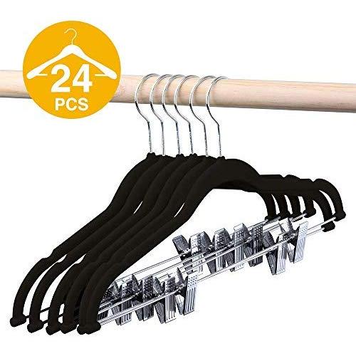 HOUSE DAY Velvet Skirt Hangers - Pack of 24 - Velvet Hangers with Clips Ultra Thin Non Slip Velvet Pants Hangers Space Saving Clothes Hanger (Black) (Renewed)