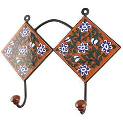 Indianshelf Handmade 1 Artistic Vintage Brown Ceramic Floral Key Hooks Holders/Wall Hooks for Towels