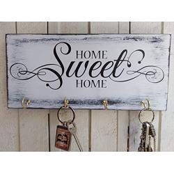 Home Sweet Home key hanger wall white wood key holder for wall shabby wood cottage chic housewarming gift key hook black and white organizer