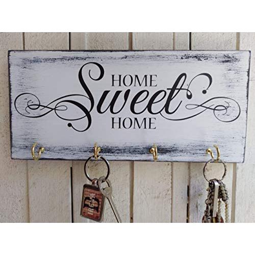 Home Sweet Home key hanger wall white wood key holder for wall shabby wood cottage chic housewarming gift key hook black and white organizer