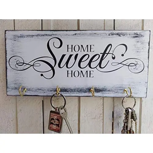 Home Sweet Home key hanger wall white wood key holder for wall shabby wood cottage chic housewarming gift key hook black and white organizer Home Sweet Home key hanger wall white wood key holder for wall shabby wood cottage chic housewarming gift key hook black and white organizer