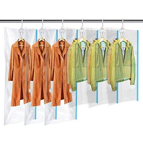MRS BAG Hanging Vacuum Storage Bags 6 Pack (3Jumbo(57x27.6) + 3Short(41.3x27.6)) Space Saver Bag Dress Cover with Hook for Coats, Jackets, Clothes & Closet Storage - Hand Pump Included