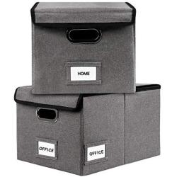 InStorages Collapsible File Boxes Storage Organizer with Lid，Decorative Linen Filing and Letter/Legal Storage Bins Grey(2 Pack)