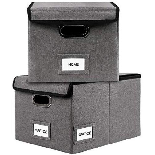 InStorages Collapsible File Boxes Storage Organizer with Lid，Decorative Linen Filing and Letter/Legal Storage Bins Grey(2 Pack)