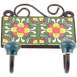 Indianshelf Handmade 1 Artistic Vintage Green Ceramic Floral Wall Tile Hooks Hangers/Key Hooks for Clothes