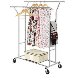 Top_Quality555 Chrome Double Rail Rolling Clothes Rack Clothing Storage Hanger Shelf Garment Stand Heavy Duty