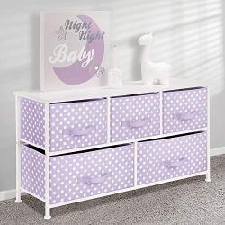 mDesign 5-Drawer Dresser Storage Unit - Sturdy Steel Frame, Wood Top and Easy Pull Fabric Bins in 2 Sizes - Multi-Bin Organizer for Child/Kids Bedroom or Nursery - Light Purple with White Polka Dots