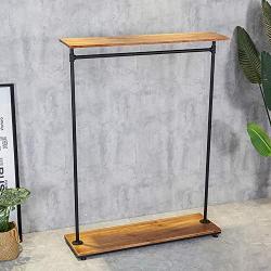 HANS CAO Heavy Iron Wood Clothes Rack, Garment Hanger, Floor Display Stand with Storage Shelf, Shoe Bag Display Rack, Retail Display Clothing Racks with Shelves
