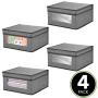 mDesign Soft Stackable Fabric Closet Storage Organizer Holder Bin with Clear Window, Attached Lid - for Home Office, Den, Hallway, Entryway - Textured Print - Medium, 4 Pack - Gray/Black