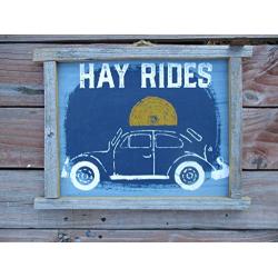 Vintage look HAY RIDES VW BUG BEETLE Fall jute hanger antique style primitive style. weathered wood sign