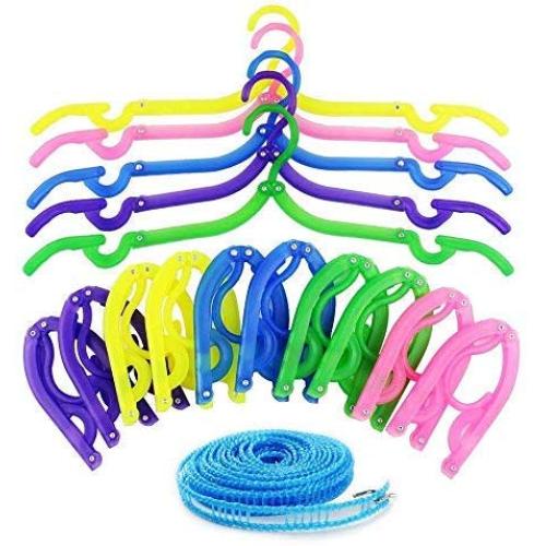 16 Pcs Foldable Clothes Hanger Hanger with 5 M Clotheslines for Family Life, Travel, Outdoor, Camping (Random Color)