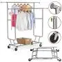 Hommoo Clothing Hanger Garment Rack Heavy Duty Steel Double Rod Adjustable Garment Rack Rolling Clothes Organizer Hanger on Wheels,Silver