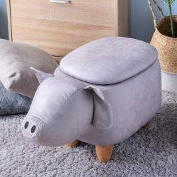 TREXM Have-Fun Series Upholstered Ride-on Storage Ottoman Footrest Stool with Vivid Adorable Animal Shape Storage Box,Pig Toys, Gray