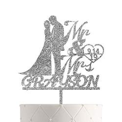 Personalized Wedding Cake Topper With Customized Bride and Groom Last Name or Marriage Date for Mr Mrs (Silver Glitter)