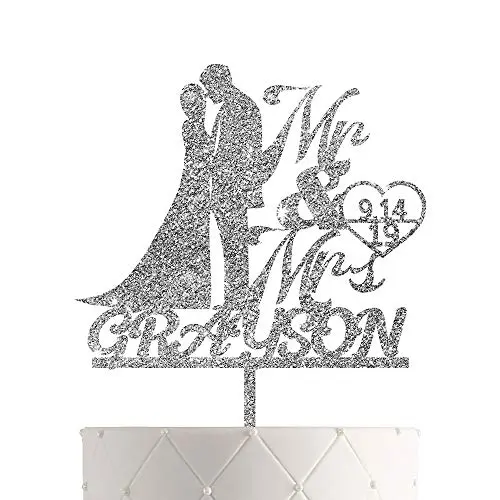 Personalized Wedding Cake Topper With Customized Bride and Groom Last Name or Marriage Date for Mr Mrs (Silver Glitter) Personalized Wedding Cake Topper With Customized Bride and Groom Last Name or Marriage Date for Mr Mrs (Silver Glitter)