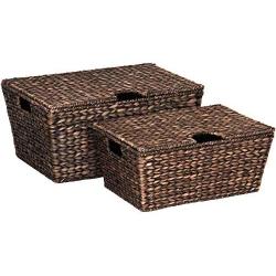 Manoch 2 Pieces Set Hand Woven Water Hyacinth Wicker Baskets Storage Organizer Bins Handles Large Basket Dimensions: 21.5"(L) x 13.5"(W) x 10"(H) Small Basket: 18"(L) x 12"(W) x 8"(H)