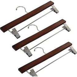 FireKingdom 3pcs Beautiful Dark Cherry Finish Adult Size Solid Wood Wooden Hangers with Polished Chrome Hook Clamp for Clothes Trousers Pants Skirts