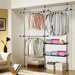 DIY Telescopic Hanger Shelf Hanging Rail Movable Holds Organizer Wardrobe Rack, Clothes Organizer, Clothes Wardrobe 3 Poles 3 Bars with Retractable Tray,With2Trays