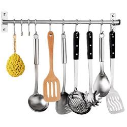 Kitchen Sliding Hooks, Stainless Steel Hanging Rack Rail Organize Kitchen Tools with 10 Utensil Removable S Hooks for Towel, Pot Pan, Spoon, Coats, Bathrobe, BBQ,Wall Mounted Hanger