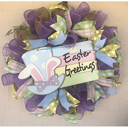 Rustic Spring Easter Bunny Greetings Wreath Spring Easter Decor Spring Easter Door Hanger Welcome Wreath Burlap Bowtique